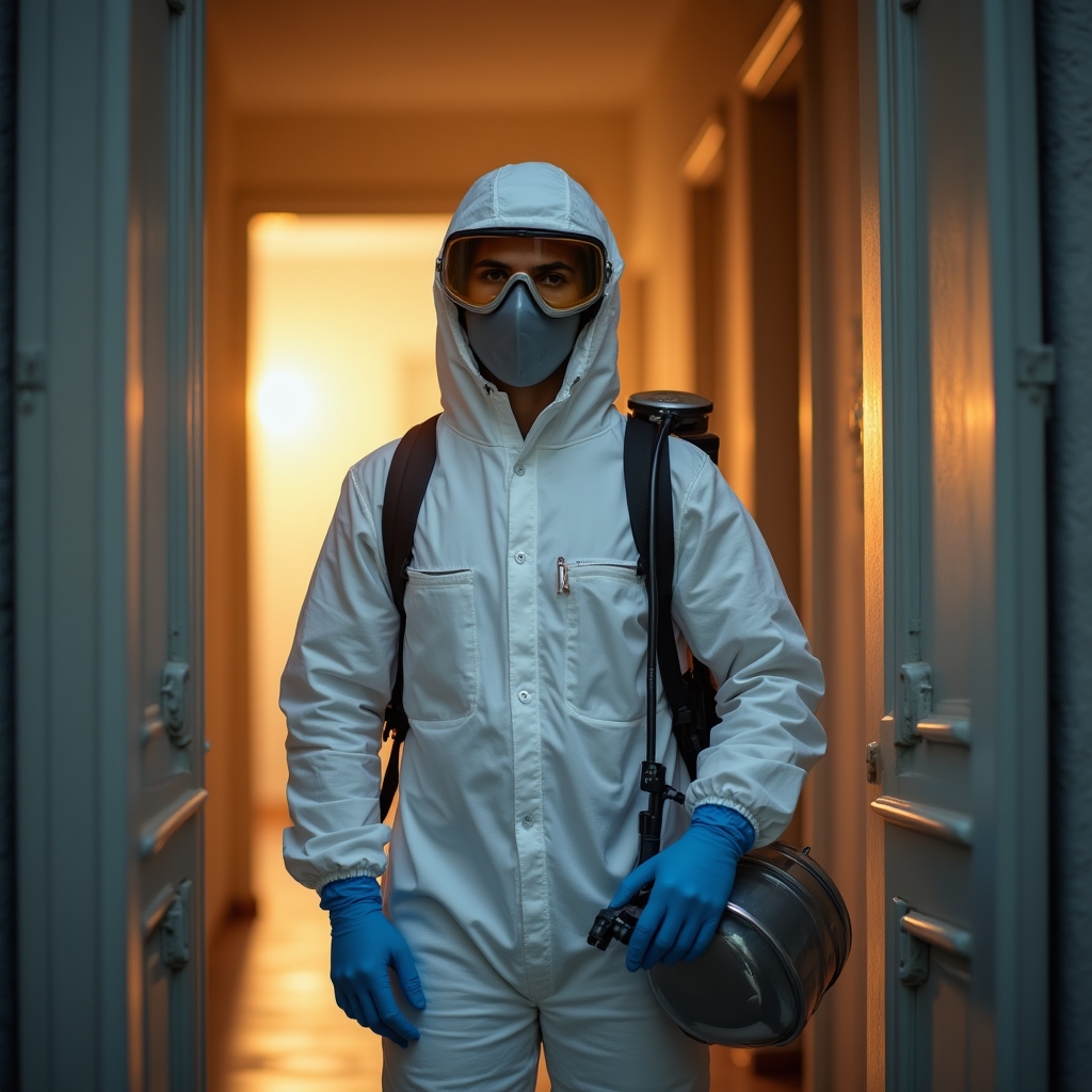 Tehnician dezinsecție în echipament de protecție intervenind profesional